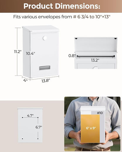LAND·VOI Locking Wall-Mount Mailbox for Outside, with 4 Keys, Galvanized Steel Rustproof Metal Postbox, 3.1" Dx7.5 Wx10.8 H, Includes 3 Sets of Mailbox Numbers, Nameplate,White