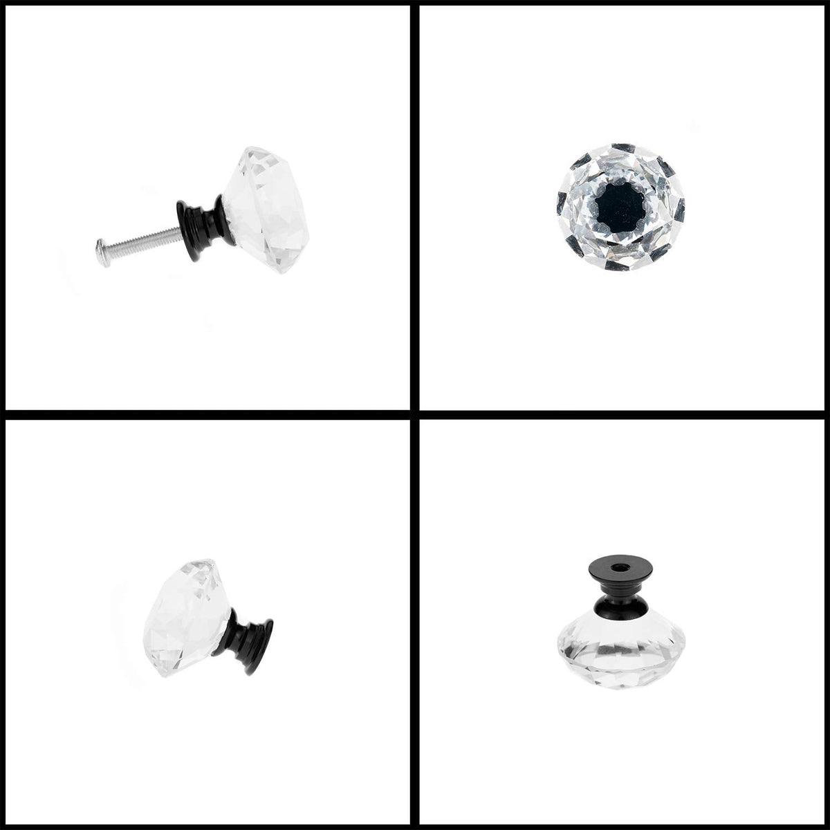 YourGift 12 Pack Drawer Knobs Diamond Shaped Crystal Glass 30mm Cabinet Knobs Pull Handles (Black)