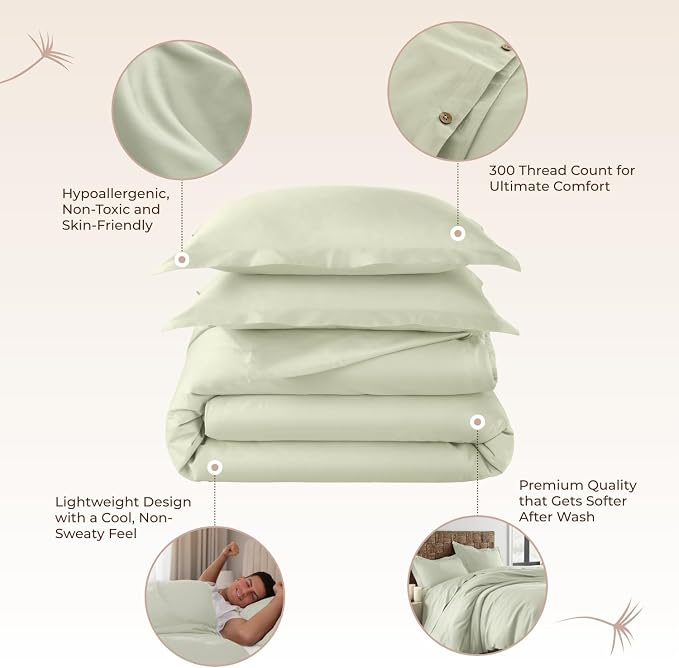 100% Organic Cotton Duvet Cover Twin Size - Naturally Soft Lightweight & Cooling Duvet Cover Set with Decorative Shams - Premium GOTS Certified 300 Thread Count Sateen Weave (Pastel Green, Twin)