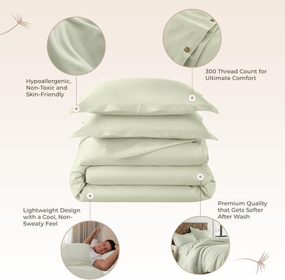 100% Organic Cotton Duvet Cover Twin Size - Naturally Soft Lightweight & Cooling Duvet Cover Set with Decorative Shams - Premium GOTS Certified 300 Thread Count Sateen Weave (Pastel Green, Twin)