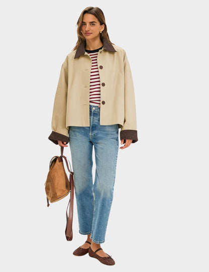 Lviefent Womens Contrast Collar Jacket Casual Button Down Long Sleeves Crop Trench Coat Outerwear with Pockets (Khaki-M)