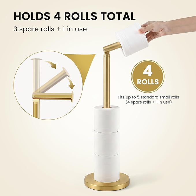 Cesun Extra Weighted Base Toilet Paper Holder Stand - SUS304 Rust Proof Free Standing Tissue Roll Holder for 4 Rolls, No Tipping, No Slipping, Gold