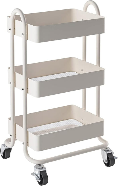 Metal Rolling Cart,3-Tier Metal Rolling Cart with Wheels,3 Tier Utility Cart with Wheels for Office,Home,Kitchen,Garden（13.4"x18.1"x31"） White