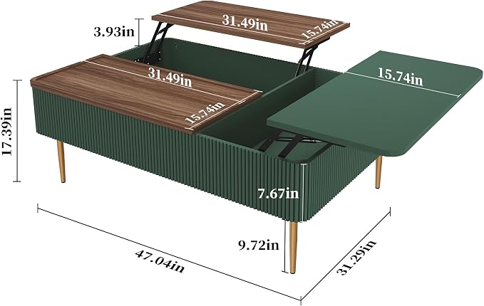 HLR 47" Dual Lift Top Coffee Table with Storage, Modern Wood Fluted Coffee Table with Hidden Compartment,Lift Tabletop Dining Center Table for Living Room, Office (Green)