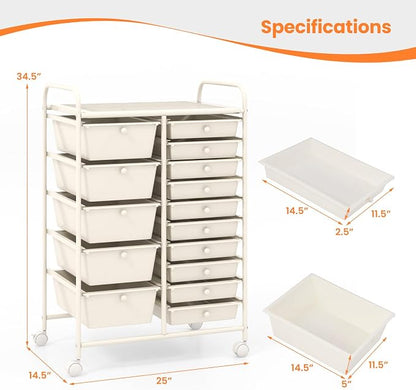 Giantex 15 Drawers Rolling Cart, Classroom Organizers, Storage Cart with Wheels, for Teacher Office Home School Supplies Tool Craft Art Paper