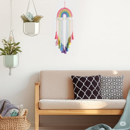 Honcas Rainbow Macrame Wall Hanging - Hand-Woven Cotton Tassel Tapestry Decor for Baby Room, Nursery, and Home Decor (Pink Rainbow)