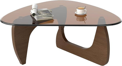 Modern Glass Coffee Table, Triangle Center Table with Tempered Glass Top& Unique Wooden Base, 35.5” Mid Century Tea Tables for Living Room, Apartment, Office,Walnut & Brown