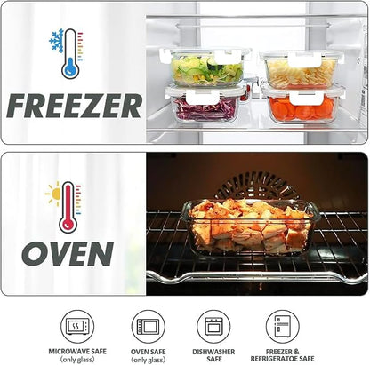VERONES 12 Packs Glass Food Storage Containers Set, Airtight Glass Lunch Containers, Glass Meal Prep Containers with Lids,Exclusive of BPA, for Microwave, Oven, Freezer & Dishwasher Friendly,White
