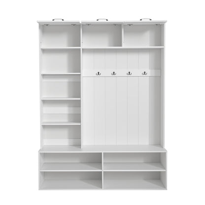 5-in-1 Hall Tree with Bench, Entryway Storage Organizer Cabinet, White