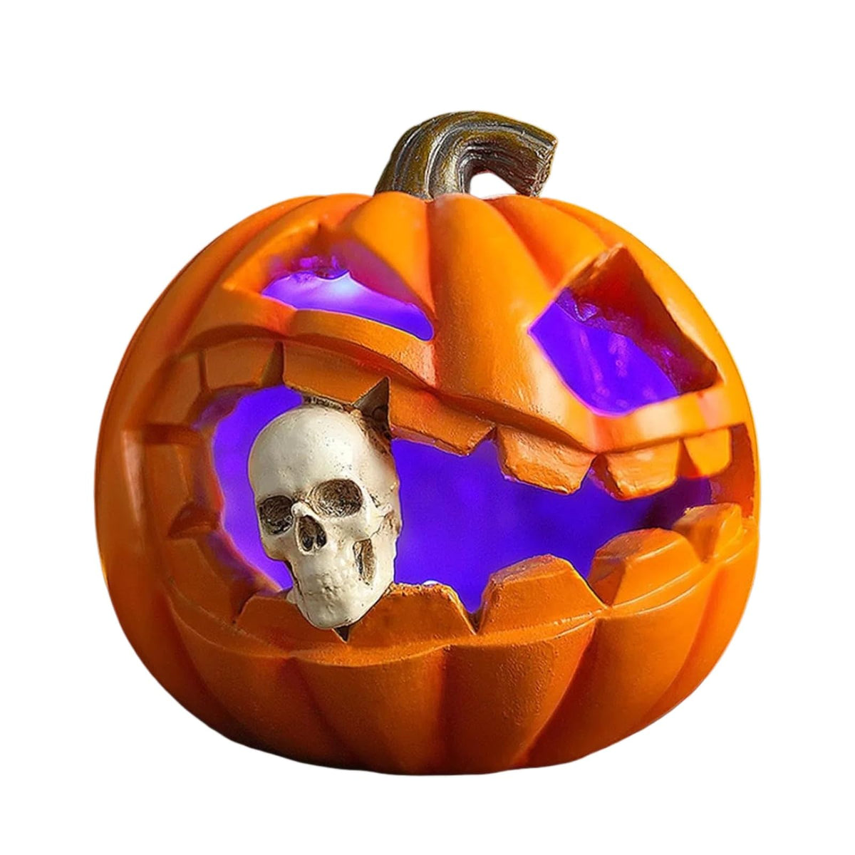 Resin Thanksgiving Day Pumpkin Lantern Skull Figurines with LED Lights, Spooky Jack O' Lantern Statue for Indoor & Outdoor Halloween Decor, Table Centerpiece for Living Room, Bedroom, Party, Yard
