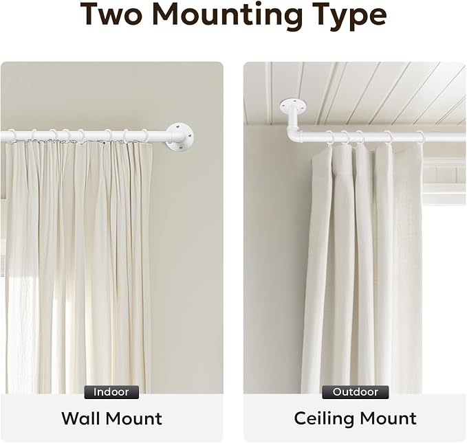 Zeerobee Curtain Rods for Windows 72 to 144, 1 Inch Industrial Wrap Around White Curtain Rod, Indoor/Outdoor Room Divider Adjustable Drapery Pole, 72"-144"