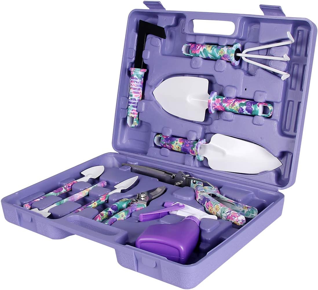 Gardening Tools, LEKEONE 10 Pieces Garden Tools with Floral Print, Ergonomic Handle Trowel Rake Weeder Pruner Shears Sprayer,Gardening Supplies with Carrying Case Gifts for Women