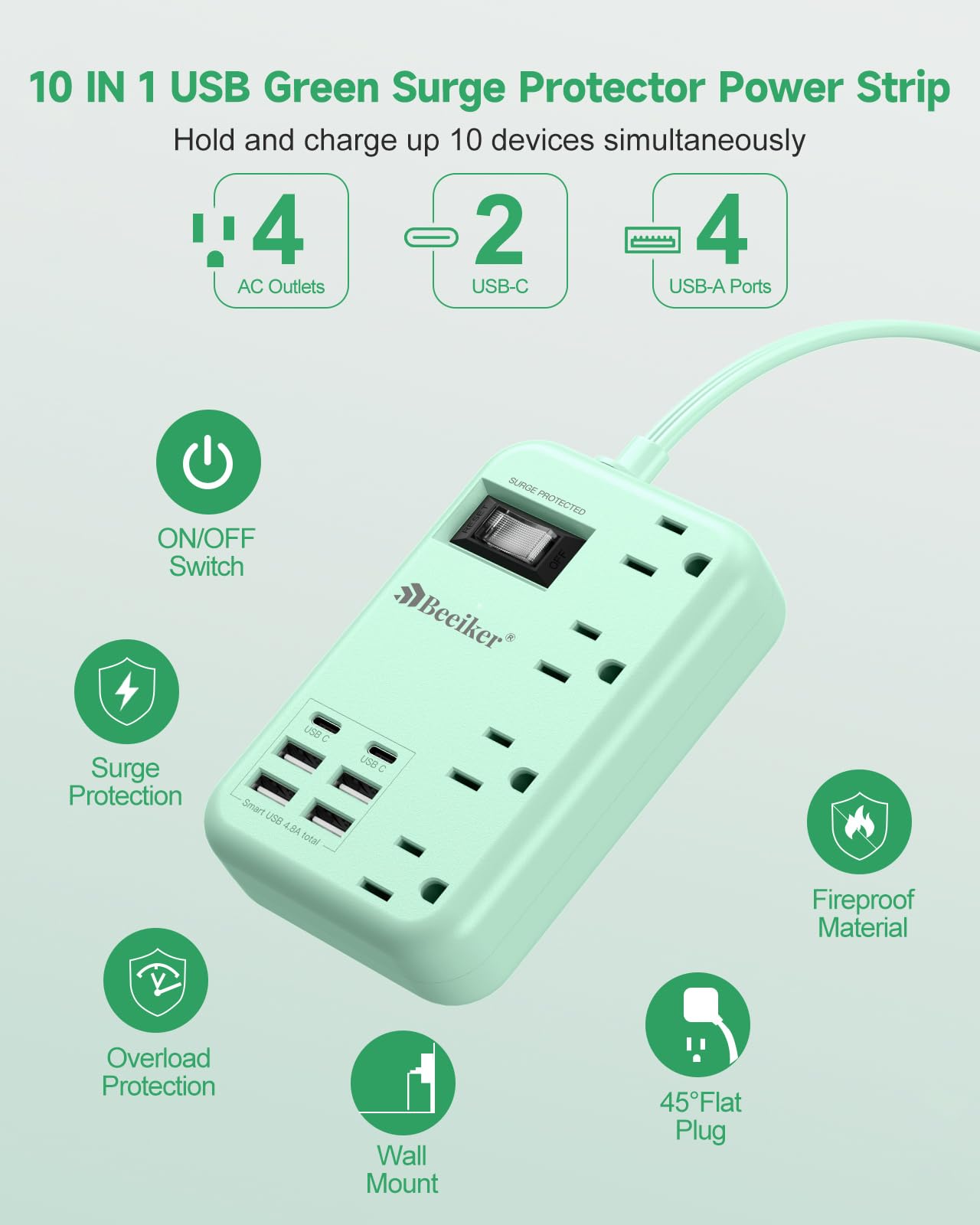 6 USB(2 USB C) Purple Travel Power Strip- 5Ft Lavender Extension Cord with 24W USB Charging Station and 4 Outlets, Purple Desk Accessories with Surge Protector for Cute Kawaii Office Dorm Room