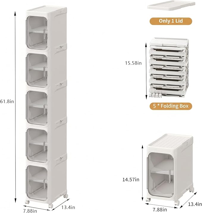 5-Tier Tall Slim Narrow Bathroom Storage Cabinet, White | Tool Free Assembly, Adjustable shelves, Fits for Narrow Spaces, Lockable Wheels, Magnetic Clear Door