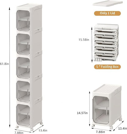 5-Tier Tall Slim Narrow Bathroom Storage Cabinet, White | Tool Free Assembly, Adjustable shelves, Fits for Narrow Spaces, Lockable Wheels, Magnetic Clear Door