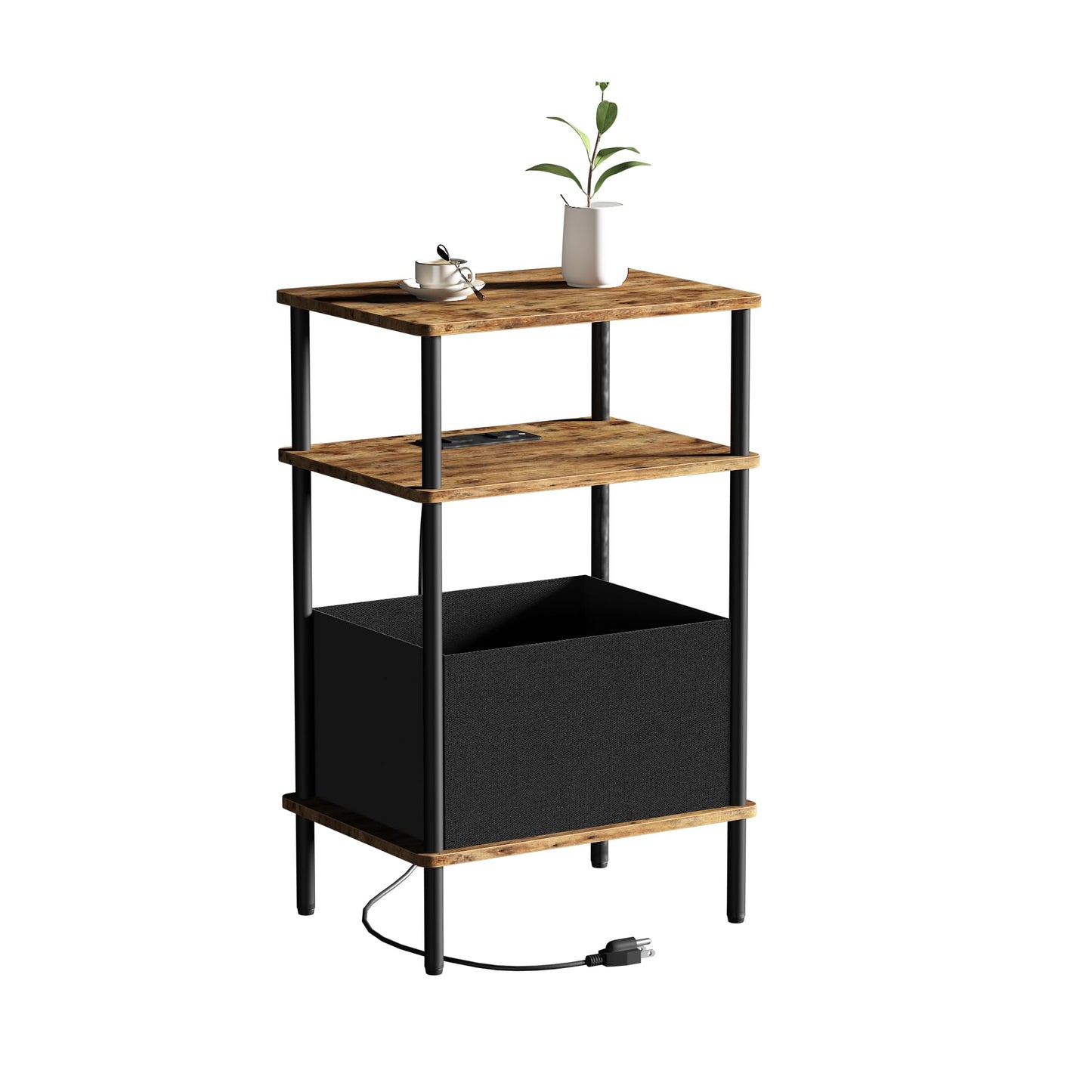 Newmics Small Side Table with Charging Station, End Table for Small Spaces, Slim Nightstand with Outlet,Sofa Beside Table, 3-Tier Storage Shelf,Living Room, Bed Room, Rustic Brown