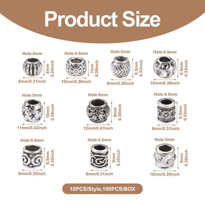 Craftdady 100pcs Antique Silver Barrel European Beads Tibetan Metal Drum Loose Beads Large Hole Rondelle Column Spacer Beads with Wavy Pattern for Jewelry Making Hole: 4-6mm