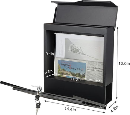 Decaller Large Capacity Mailbox with Key Lock, Wall Mount Metal Mail Box with Newspaper Compartment for Outside, 14.4" x 13" x 4.2", 938 Black