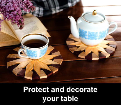 ECOSALL Natural Wood Trivets for Hot Dishes, Table and Kitchen Counter Set of 2 – Made in Ukraine Sturdy and Durable 7-inch Wooden Kitchen Hot Pads. Festive Design Table Décor – Kitchen Gift Idea