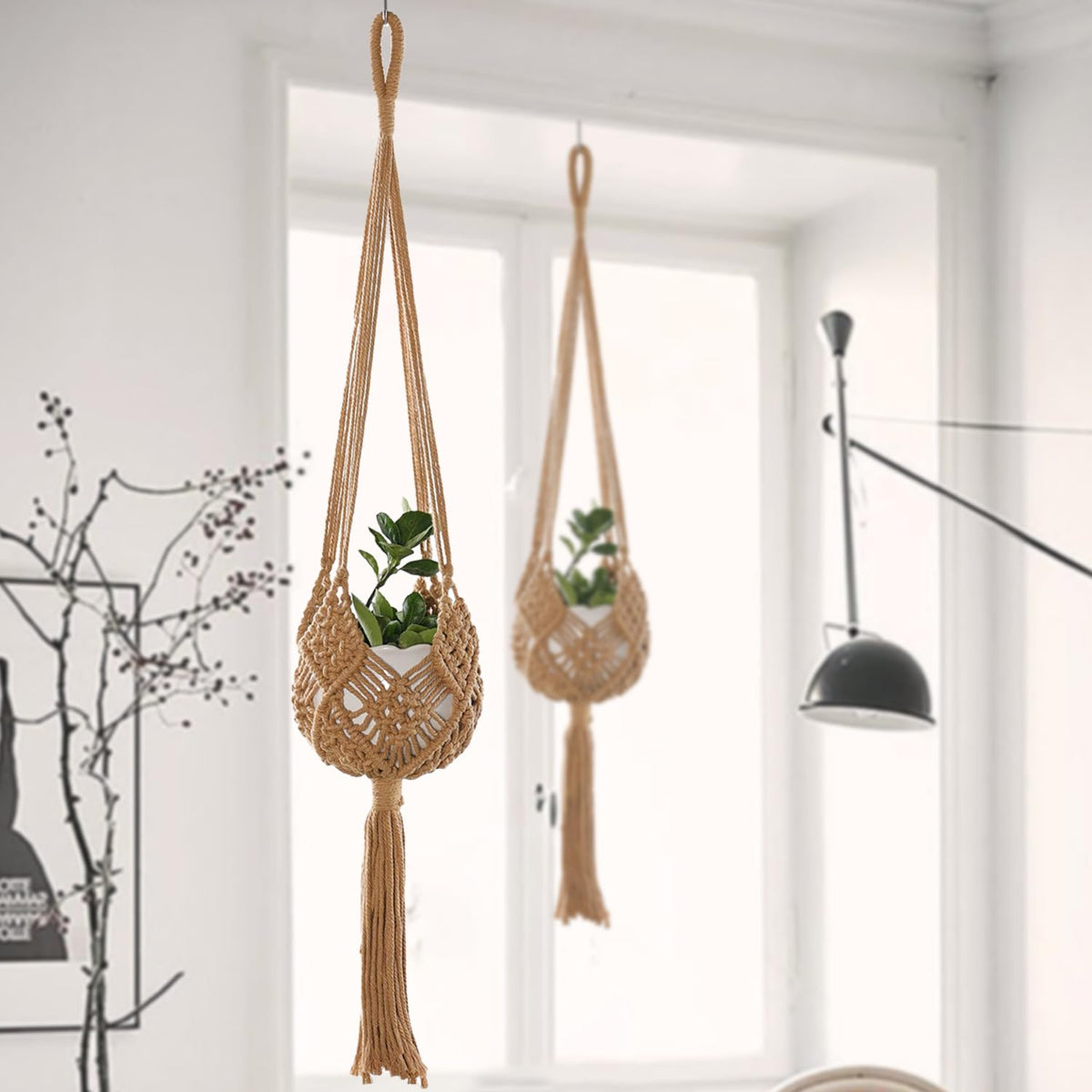 zuduoeoa 2-Pack Macrame Plant Hangers, Jute Hanging Planters for Indoor Plants for up to 8 Inch Pot Hanging Baskets Boho Plant Holder Basket for Outdoor Home, Handwoven, 35 Inchs