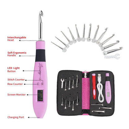 Counting Crochet Hook Set Digital Ergonomic Crochet Hook-LED and 2 Levels Brightness Dimmable Light Up Crochet Hooks& Digital Stitch Counter,Beginner Knitting Kit with 12 Interchangeable Crochet Hooks