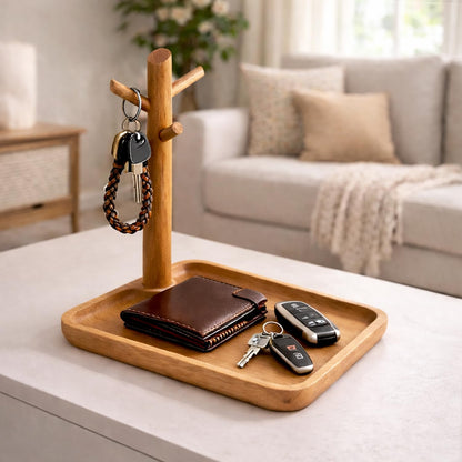 E-ROOM TREND Acacia Wood Key Tray for Entryway Table, Wooden Catchall Organizer with Jewelry Storage Rack, Valet Tray for Keys Wallet Watches Sunglasses Rings(Square)