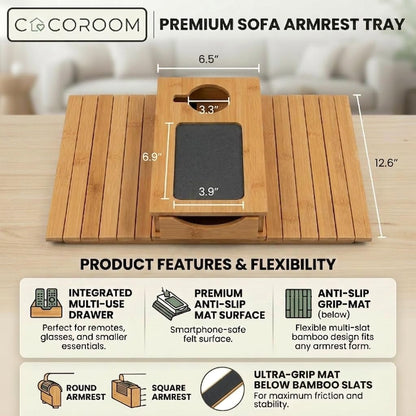 COCOROOM Sofa Armrest Tray with Drawer & Cup Holder — Wooden Couch Arm Tray with Anti-Slip Surface | Fits Most Sofa & Couch Arms (Natural)