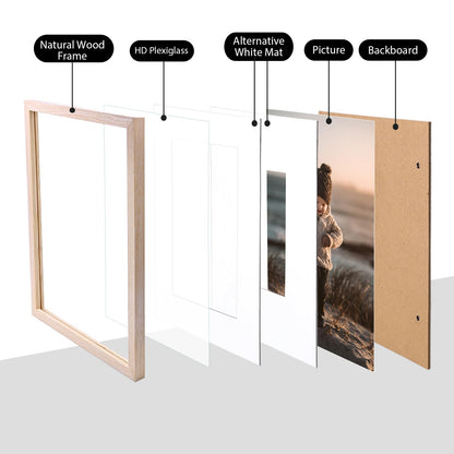 KINLINK 11x14 Picture Frame Natural, Solid Wood Frames 14x11 with Acrylic Plexiglass for Pictures 5x7/8x10 with Mat or 11x14 without Mat, Tabletop and Wall Display Photo Frame Set of 4