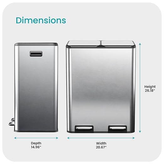 Home Zone Living 16 Gallon Kitchen Trash Can with Dual Compartments for Recycling, Stainless Steel, Silver, 60 Liters Total