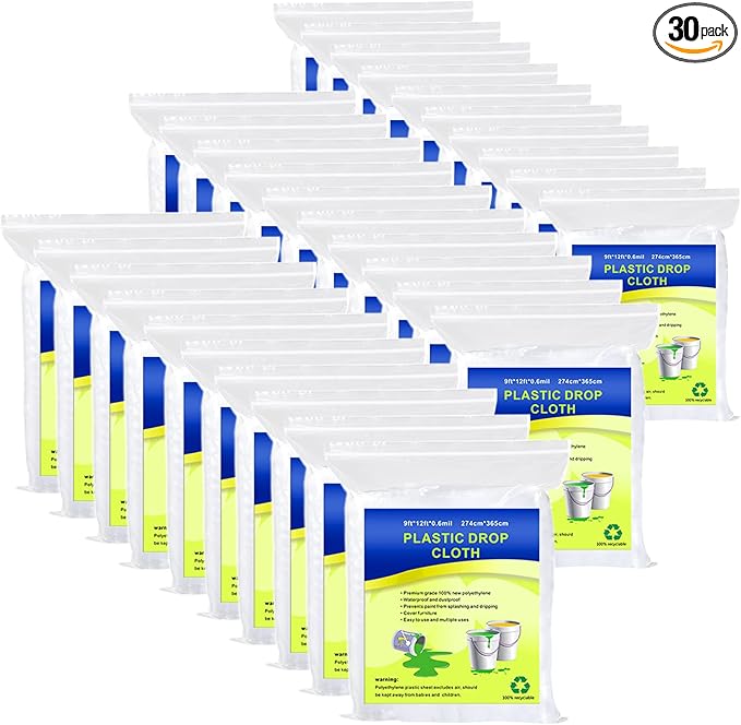 30 Pieces Plastic Drop Sheets for Painting, Waterproof and Dust-Proof Clear