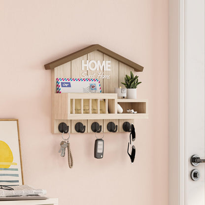 FERAHI Key and Mail Holder for Wall, Wall Key Holder with Shelf, Key Rack Wall Mount, Wood Key Holder Wall Mount, Mail Organizer Wall Mounted, Entryway & Front Door Key Holder with 5 Hooks(White)