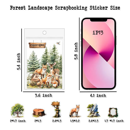 Dwpetzo 150Pcs PET Forest Landscape Stickers for Journaling and Scrapbooking, 6 Themes with Pine Trees Woodland Animals Wooden Stumps Moss Nature Scene Stickers for Junk Journal Supplies, Collage
