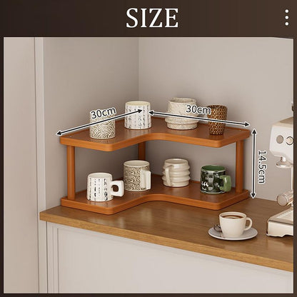 Dreamhousey 2-tier Kitchen countertop corner spice rack, household Cupboard Cabinet coffee mug Cup storage shelf condiment seasoning organizer, desktop wood bookshelf bookcase (2-tier)