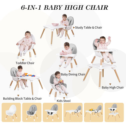 6 in 1 High Chair for Babies & Toddlers, Convertible Wooden Baby Highchair, Table and Chair Set, Baby Feeding Chair, 5-Point Adjustable Harness/4-Position Removable Tray& PU Seat Cushion(Grey)