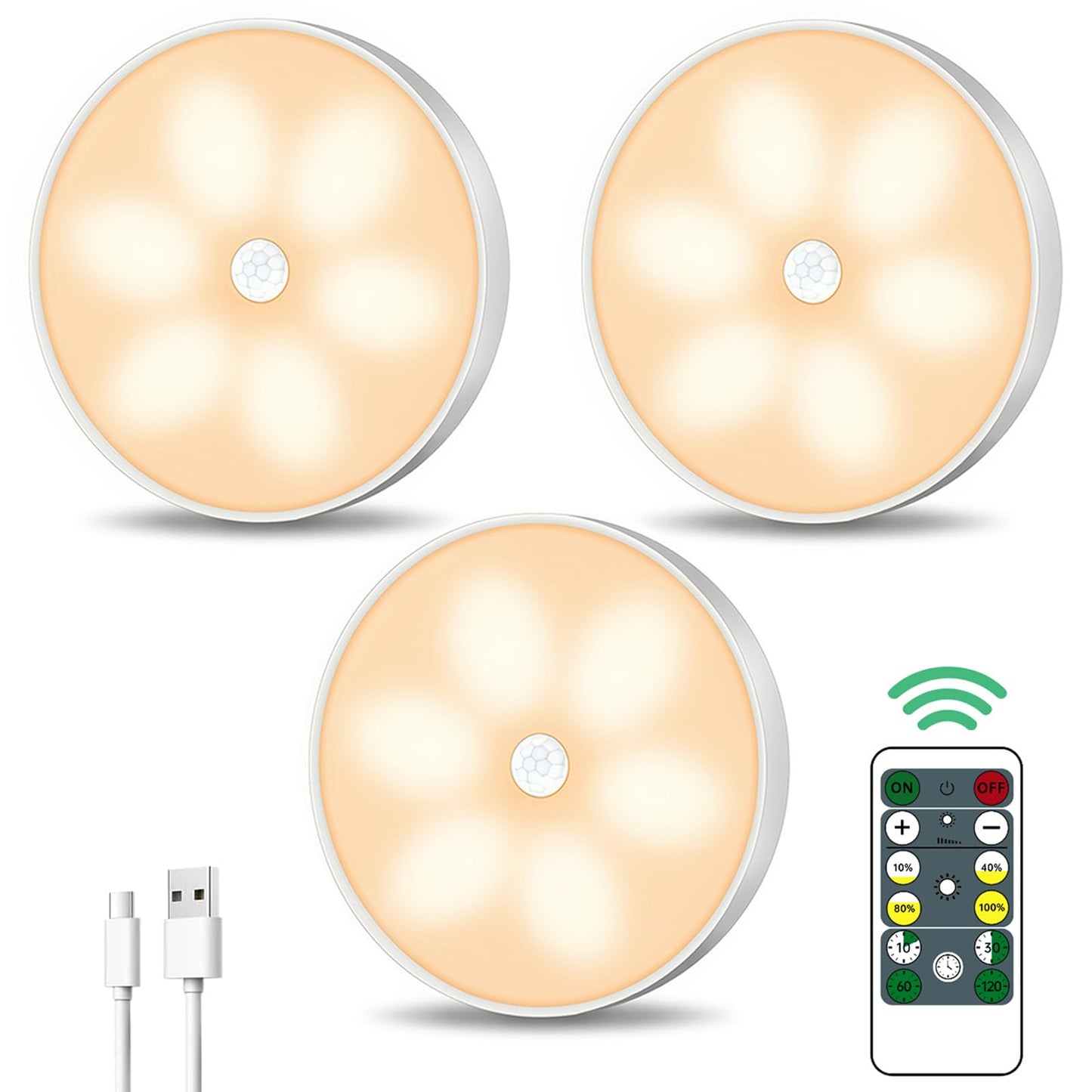 Warm Color LED Closet Lights Wireless Motion Sensor Step Light, USB Rechargeable Battery Operated Puck Lights with Remote, Dimmable Under Cabinet Counter Lighting for Wardrobe Kitchen (3 Pack)