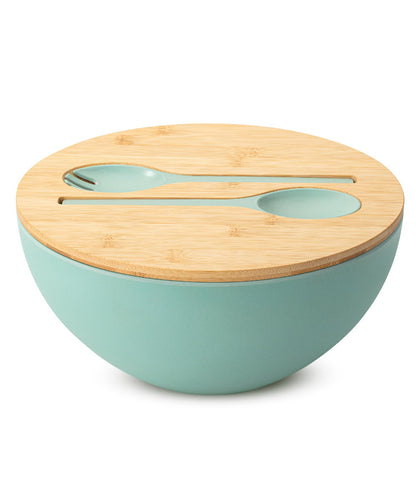 BAMBOO LAND- Extra Large Salad Bowl with Wooden Lid, 11.4 Inch/177 Oz, Mint Green, Bamboo Fiber Salad Bowl with Serving Utensils, Wide Applications
