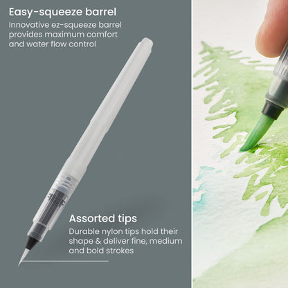 ARTEZA Water Brush Pen, 6-Piece Set, Fine, Medium & Broad Tips, Refillable Self-Moistening Brushes for Painting & Lettering