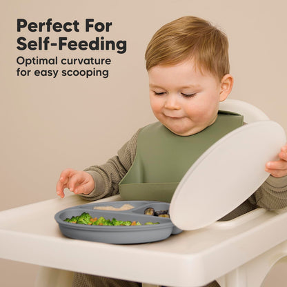 KeaBabies Suction Plates with Lids for Baby - 3-Pack 100% Silicone Toddler Plates with Suction, Divided, BPA-Free Baby Led Weaning Essentials for Kids, Dishwasher, Microwave Safe, Durable (Slate)