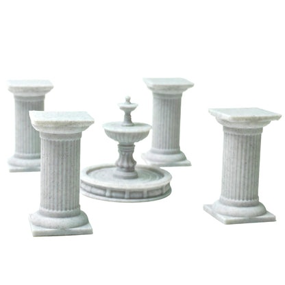 LuckyVin Miniature Roman Columns and Fountain Set, 3D Printed 1:12 Scale Garden Decor, Gray Micro Landscape Accessories for Diorama, Tabletop Terrain and Model Displays (Marble)
