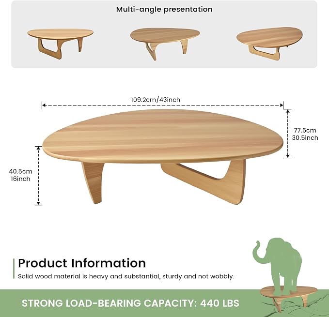Modern Triangle Coffee Table: Unique Funky Soild Wood Coffee Tables for Living Room, Wooden Oval Mid-Century Modern Abstract Tea Tables for Patio Office Balcony Natural 43" L x 31" W x 16" H