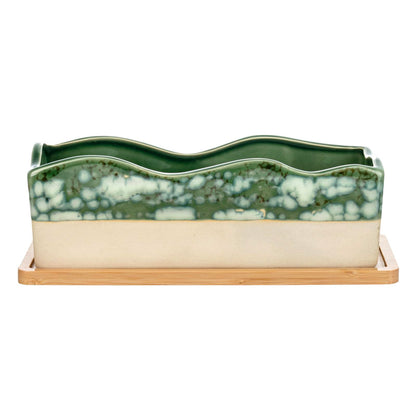 MyGift Rectangular Succulent Planter - Decorative Beige and Green Ceramic Glazed Plant Container Pot with Removable Bamboo Tray