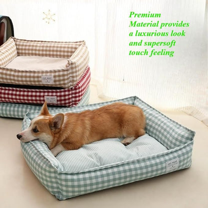 Orthopedic Rectangle Dog Bed for Medium Small Dogs, Plaid Plush Modern Puppy Sofa Bed with Anti-Slip Bottom, Cute Calming Pet Bed(Green,X-Large)