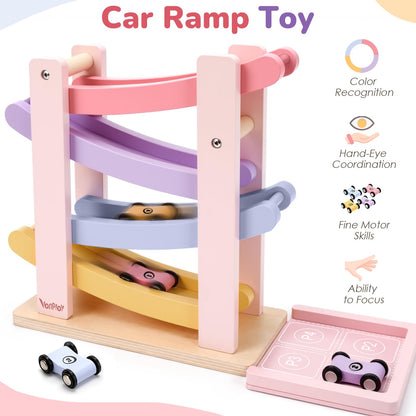 Vanplay Car Ramp Toys for One Year Old Girl Birthday Gifts, Montessori Toys for 1 2 Year Old, Wooden Race Track Truck Toy with 4 Mini Cars, First Christmas Birthday Gifts for Toddler Girl Toys 1-3-2-4