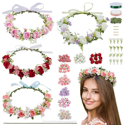 ACRNIGHEET 4 Sets DIY Flower Crown Making Kit, Fairy Party Favors Floral Headband, Make Your Own Crown Garland Headband, Rose Flowr Crowns Kit for Princess Women Wedding Birthday Part
