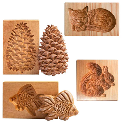 4 Pieces Wooden Cookie Molds Biscuit Carved Wooden Mould DIY Cookie Stamps Cookie Cutter Funny 3D Press Embossing Mold Animal Pattern Baking Tool