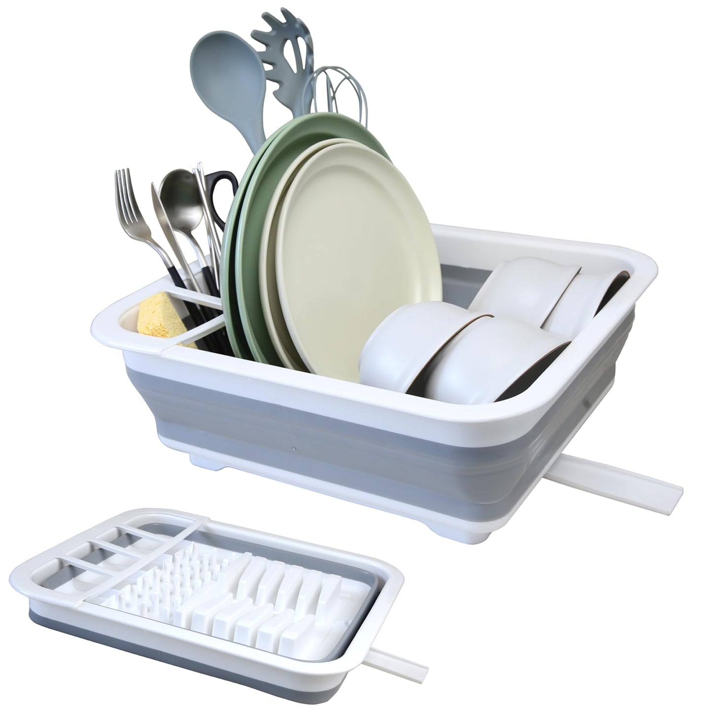 Collapsible Dish Drainer with Drain Plug and Swivel Spout, Space-Saving, Portable Dish Rack for Kitchens, RVs, Campers and Travel Trailers