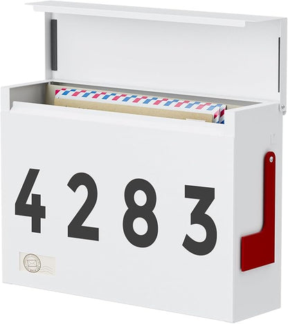 Modern Mailboxes for Outside, Metal Wall Mount Mailbox, with One Flag Kit and Three Sets of Mailbox Number Stickers, 3.9" D×14.2" W×10.2" H, Rust Resistant Coating Mail Boxes for House, White