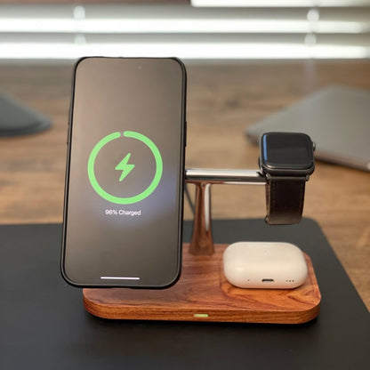 3-in-1 Real Natural Wood Wireless MagSafe Compatible Magnetic Charger Stand Station for Apple iPhone 17/16/15/14/13/12, Plus, Mini, Pro, ProMax, Apple Watch AirPods, Fast Charging 15W