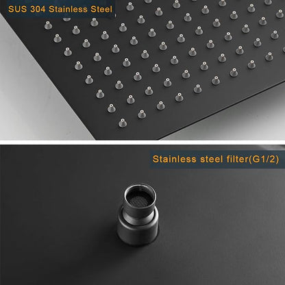 BESy 16 Inch Rain Shower Head, 16" Square Rainfall & High Pressure Stainless Steel Bath Showerhead, 1/16" Ultra Thin, Waterfall Full Body Coverage with Silicone Nozzle, Matte Black Finish
