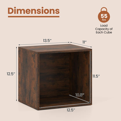 Giantex 4-Cube Bookcase, Stackable Cube Storage Organizer w/Open Bookshelf, Wooden Display Shelving Unit for Small Space, DIY Modular Cubby Storage System for Home, Study, Rustic Brown